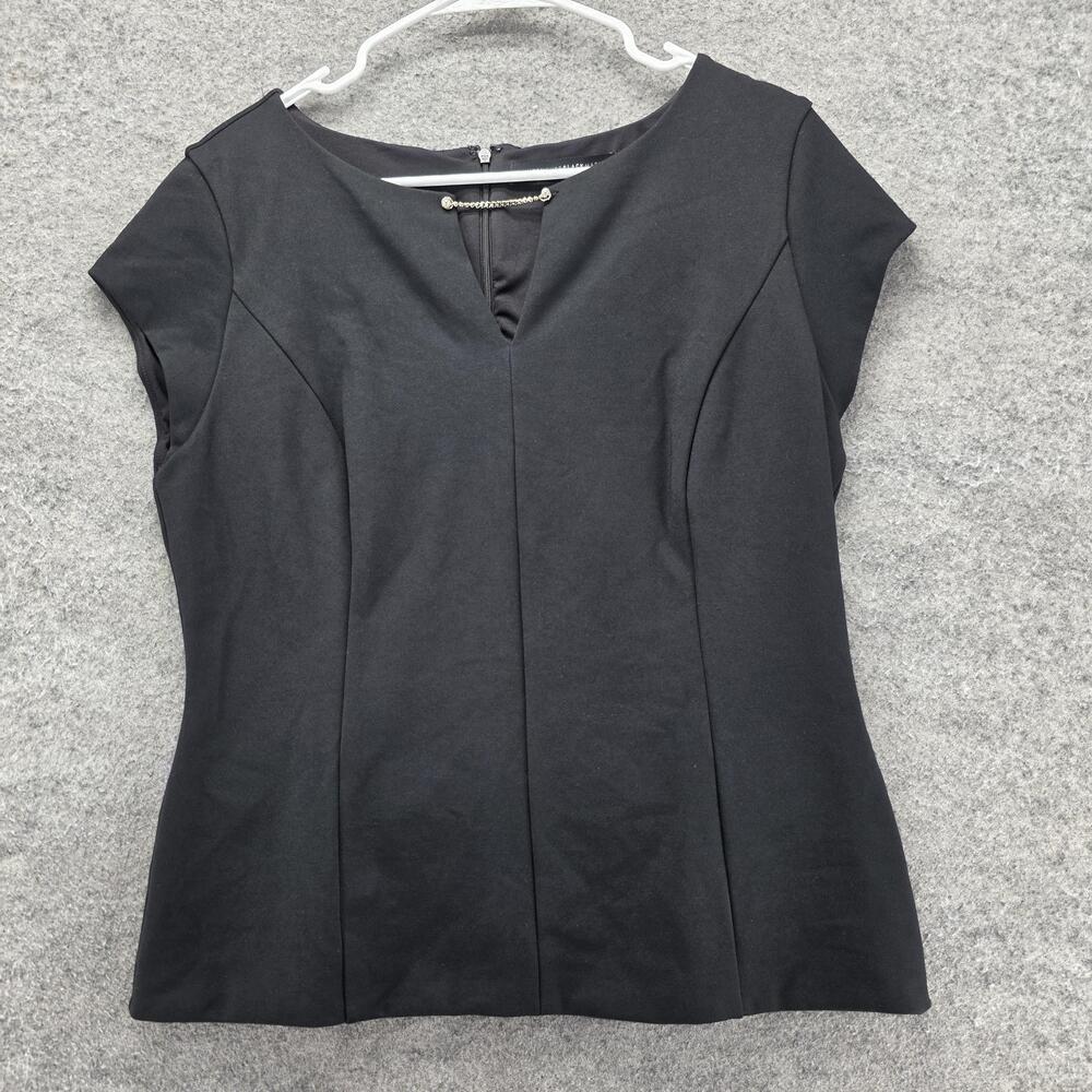 White House Black Market Blouse Womens 12 Black Round Neck Cap Sleeve Zip Lined